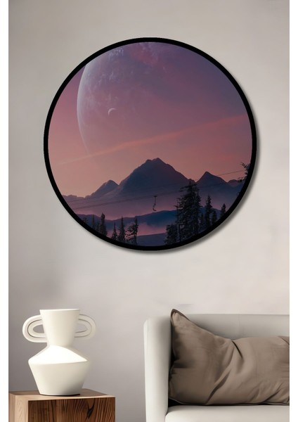 Dekoratif Karlı Dağ ve Ay Manzara Duvar Tablo Ahşap Yuvarlak Tablo