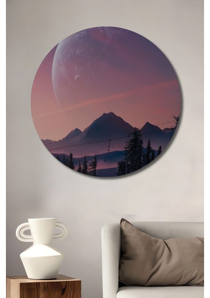 Dekoratif Karlı Dağ ve Ay Manzara Duvar Tablo Ahşap Yuvarlak Tablo fiyatları