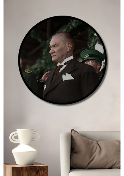 Dekoratif Renkli Atatürk Duvar Tablo Ahşap Yuvarlak Tablo