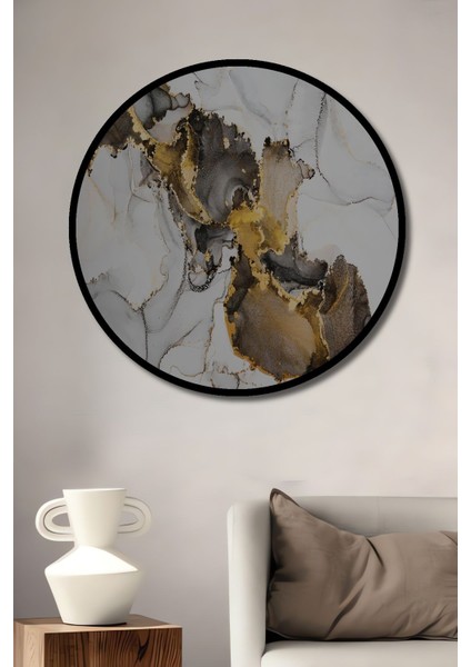 Mermer Desenli ve Altun Tozu Detaylı Soyut Modern Ahşap TABLO-5055 Yuvarlak Duvar Dekorasyon Tablosu