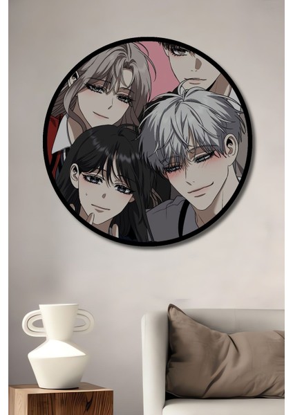 Dekoratif Anime Liseli Çocuklar Duvar Tablo Ahşap Yuvarlak Tablo