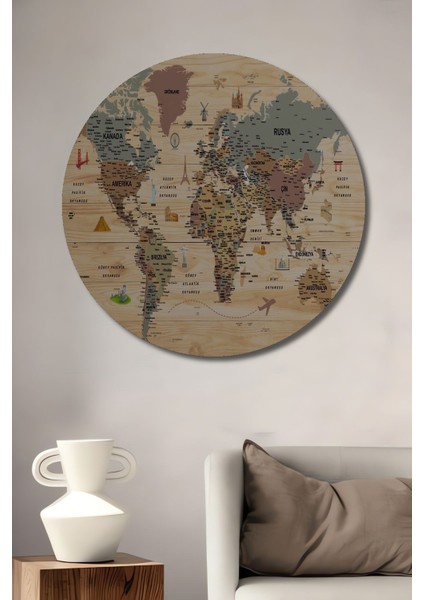 Ahşap Görünümlü Türkçe Dünya Haritası Sembollü Eğitici Ahşap Tablo Yuvarlak Duvar Tablo