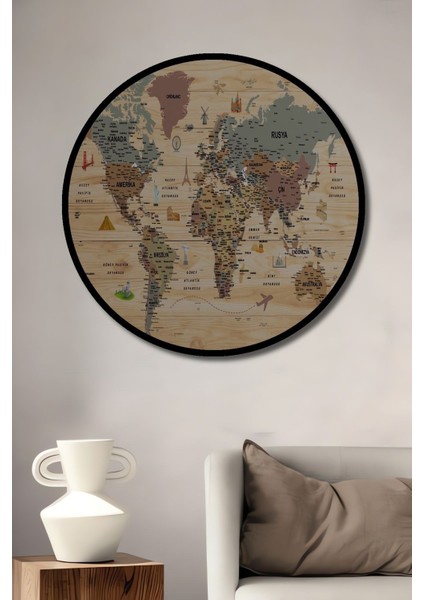 Ahşap Görünümlü Türkçe Dünya Haritası Sembollü Eğitici Ahşap Tablo Yuvarlak Duvar Tablo fiyatları