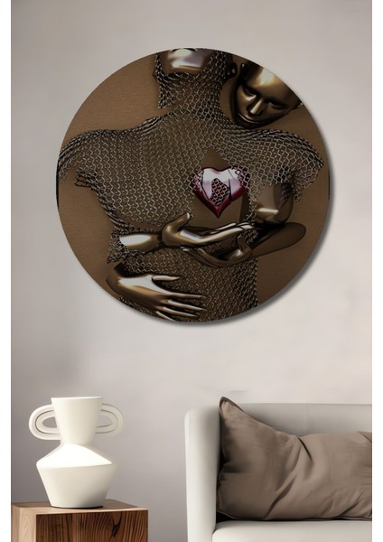 Ahşap Hatırasepeti Modern Aşk Temalı Duvar Dekorasyon 3D Bronz Tablo Yuvarlak Duvar Tablo