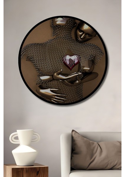 Ahşap Hatırasepeti Modern Aşk Temalı Duvar Dekorasyon 3D Bronz Tablo Yuvarlak Duvar Tablo