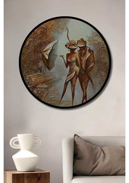 Dekoratif Şapkalı Adam ve Şemsiyeli Kadın Modern Sanat Duvar Tablo Ahşap Yuvarlak Tablo