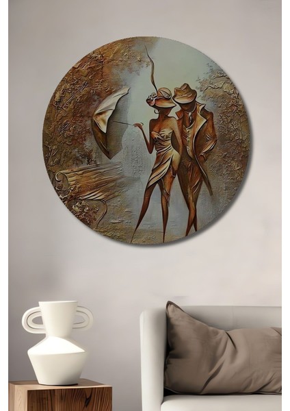 Dekoratif Şapkalı Adam ve Şemsiyeli Kadın Modern Sanat Duvar Tablo Ahşap Yuvarlak Tablo