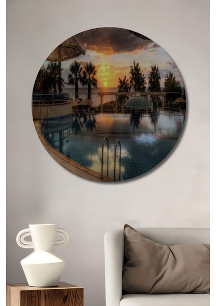 Tatil Temalı Havuz Ahşap Tablo Oturma Ofis Antre Cafe Için Duvar Dekoru Yuvarlak Duvar Tablo