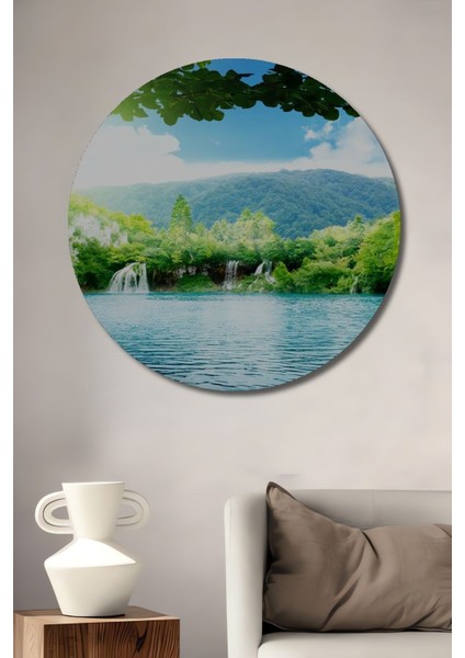 Dekoratif Göl ve Orman Manzara Ahşap Tablo Şık Yuvarlak Duvar Dekorasyon Tablosu
