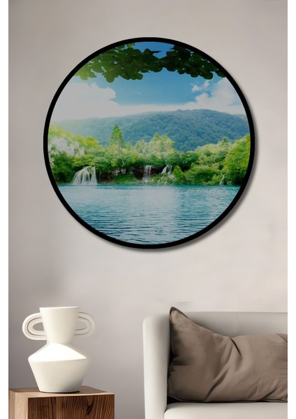 Dekoratif Göl ve Orman Manzara Ahşap Tablo Şık Yuvarlak Duvar Dekorasyon Tablosu fiyatları