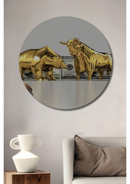 Altın Boğa ve Ayı Borsa Ekonomi Finans Dolar Altın Dünya Gold Lüks Dekor Yatay Ahşap Tablo Yuvarlak