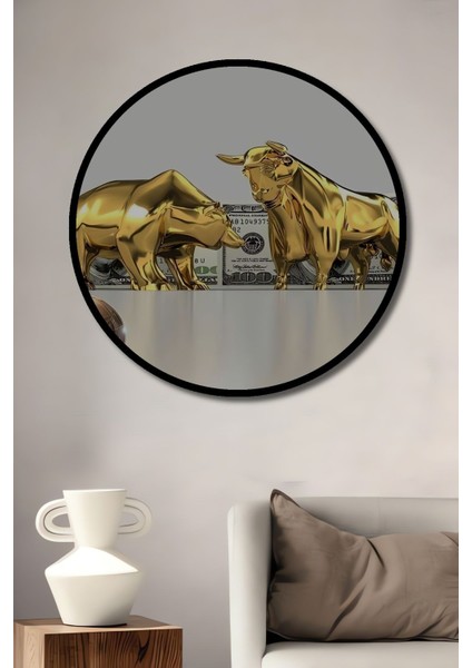 Altın Boğa ve Ayı Borsa Ekonomi Finans Dolar Altın Dünya Gold Lüks Dekor Yatay Ahşap Tablo Yuvarlak fiyatları