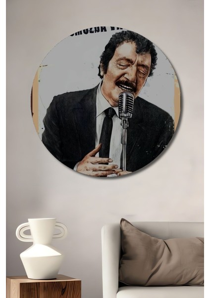 Dekoratif Tablo Müslüm Gürses Retro Ahşap Poster Şık Yuvarlak Duvar Dekorasyon Tablosu