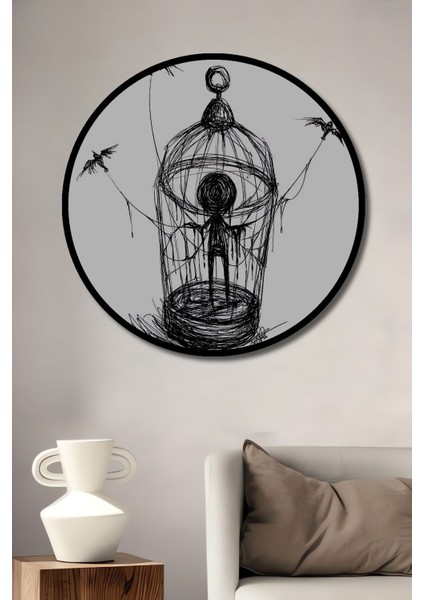 Dekoratif Kafesteki Adam Soyut Sanat Duvar Tablo Ahşap Yuvarlak Tablo