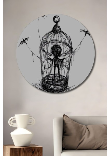 Dekoratif Kafesteki Adam Soyut Sanat Duvar Tablo Ahşap Yuvarlak Tablo