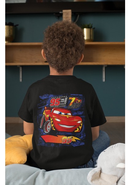 Şimşek Mcqueen Sırt Baskılı Unisex Çocuk Tişört, Arabalar Baskılı Bebek T-Shirt
