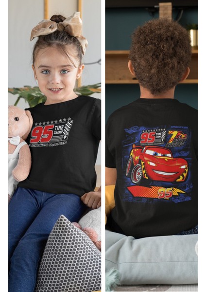 Şimşek Mcqueen Sırt Baskılı Unisex Çocuk Tişört, Arabalar Baskılı Bebek T-Shirt
