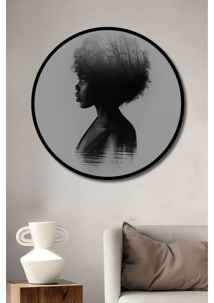 Dekoratif Siyahi Kadının Saçındaki Orman Duvar Tablo Ahşap Yuvarlak Tablo