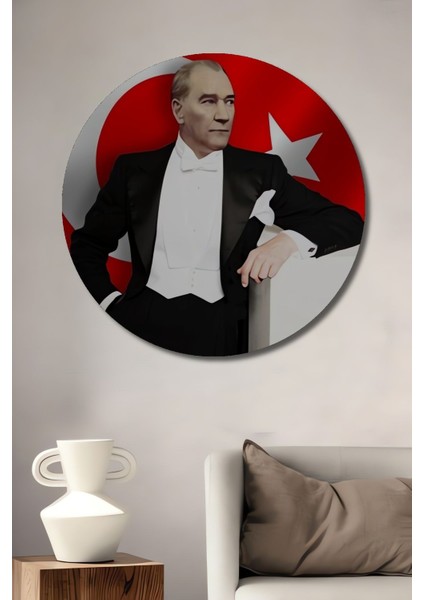 Dekoratif Atatürk ve Türk Bayrağı Temalı Ahşap Tablo Şık Yuvarlak Duvar Dekorasyon Tablosu