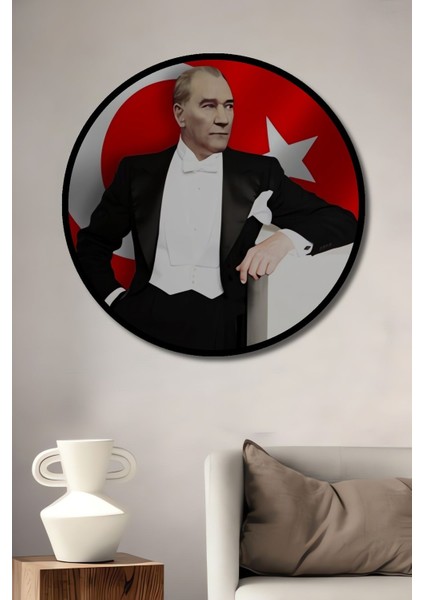 Dekoratif Atatürk ve Türk Bayrağı Temalı Ahşap Tablo Şık Yuvarlak Duvar Dekorasyon Tablosu fiyatları