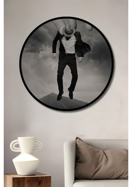 Dekoratif Takım Elbiseli Adam Sürreal Modern Sanat Duvar Tablo Ahşap Yuvarlak Tablo