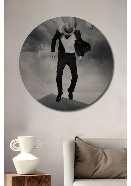 Dekoratif Takım Elbiseli Adam Sürreal Modern Sanat Duvar Tablo Ahşap Yuvarlak Tablo