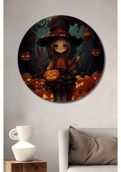 Hallowen Kucuk Cadı Ahşap Mdf Digital Uv Çocuk Odası Tablo Şık Yuvarlak Duvar Dekorasyon Tablosu