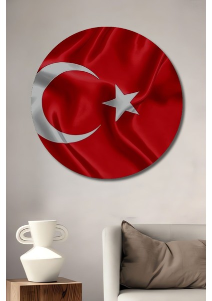 Dekoratif Ahşap Tablo Türk Bayrağı Al Bayrak Şık Yuvarlak Duvar Dekorasyon Tablosu