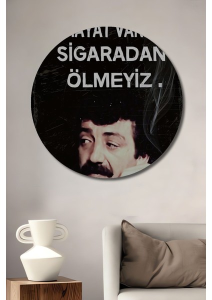 Dekoratif Tablo Müslüm Gürses Retro Ahşap Poster Şık Yuvarlak Duvar Dekorasyon Tablosu