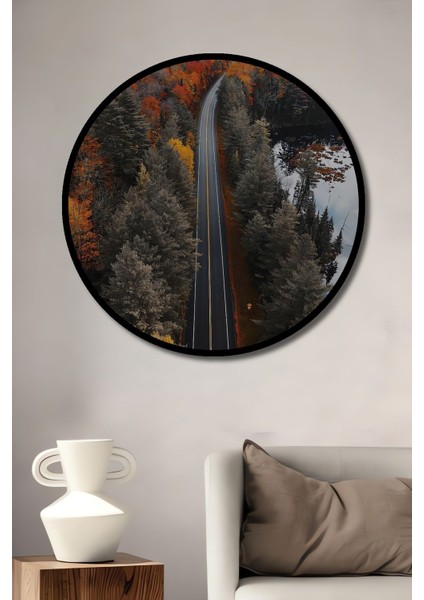 Dekoratif Ormanın Içindeki Yol Manzara Duvar Tablo Ahşap Yuvarlak Tablo