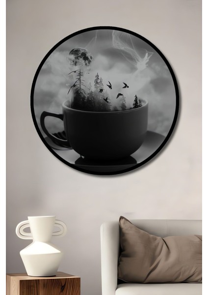 Dekoratif Fincandaki Orman Sürreal Sanat Duvar Tablo Ahşap Yuvarlak Tablo