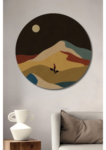 Dekoratif Dağlarda Gezen Adam Modern Sanat Duvar Tablo Ahşap Yuvarlak Tablo