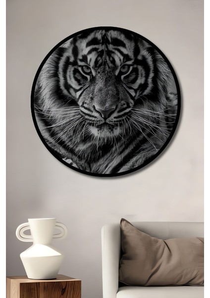 Dekoratif Siyah Beyaz Kaplan Duvar Tablo Ahşap Yuvarlak Tablo