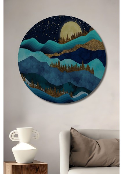 Ahşap Tablo Altın Orman Manzarası Altın 3 Boyutlu Dağ Manzarası Sanat Yuvarlak Duvar Tablo