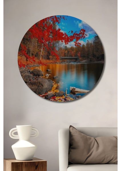 Dekoratif Göl ve Orman Ahşap Tablo Şık Yuvarlak Duvar Dekorasyon Tablosu