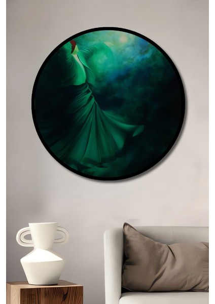 Dekoratif Semazen Spiritüel Sanat Duvar Tablo Ahşap Yuvarlak Tablo