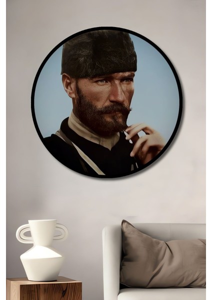 Dekoratif Asker Atatürk Duvar Tablo Ahşap Yuvarlak Tablo