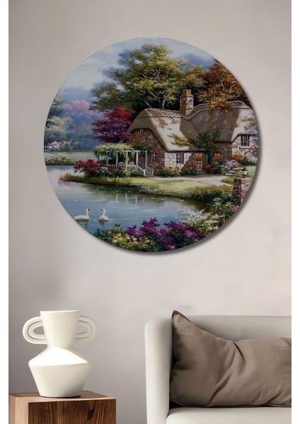 Dekoratif Orman Evleri Gölet Ahşap Tablo Şık Yuvarlak Duvar Dekorasyon Tablosu
