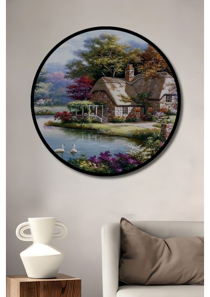 Dekoratif Orman Evleri Gölet Ahşap Tablo Şık Yuvarlak Duvar Dekorasyon Tablosu fiyatları