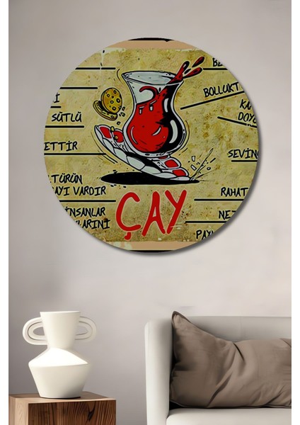 Dekoratif Ahşap Retro Tablo-Çay Şık Yuvarlak Duvar Dekorasyon Tablosu