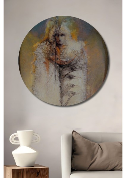 Dekoratif Kuş Adam Modern Sanat Duvar Tablo Ahşap Yuvarlak Tablo