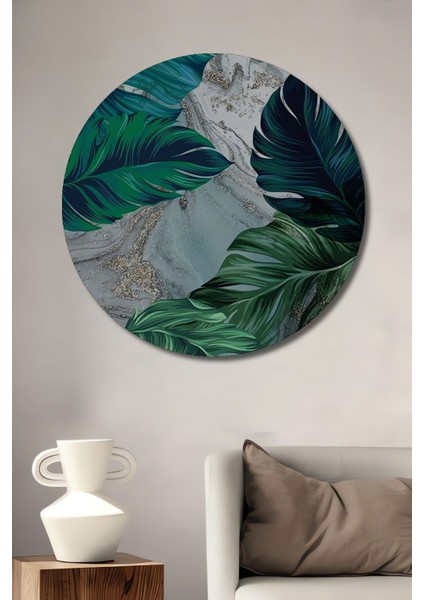 Ahşap Büyük Boy Premium Soyut Renkli Monstera Yapraklar Tablosu Yuvarlak Duvar Dekorasyon Tablosu