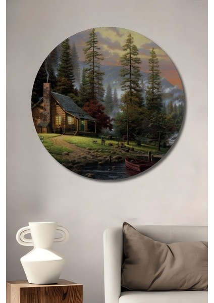 Dekoratif Orman Evi Manzaralı Resmi Ahşap Tablo Şık Yuvarlak Duvar Dekorasyon Tablosu