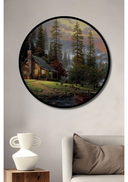 Dekoratif Orman Evi Manzaralı Resmi Ahşap Tablo Şık Yuvarlak Duvar Dekorasyon Tablosu fiyatları