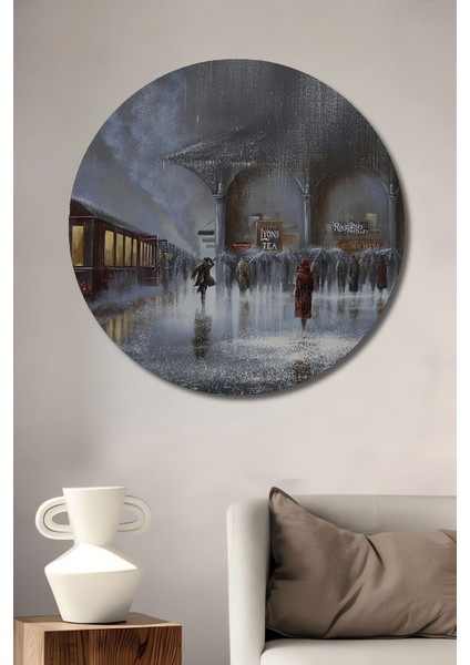 Dekoratif Ahşap Gri Yağmurlu Gece Tablosu Şık Yuvarlak Duvar Dekorasyon Tablosu