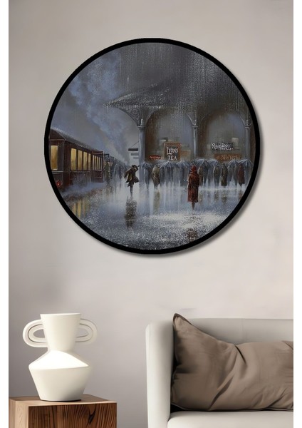 Dekoratif Ahşap Gri Yağmurlu Gece Tablosu Şık Yuvarlak Duvar Dekorasyon Tablosu fiyatları