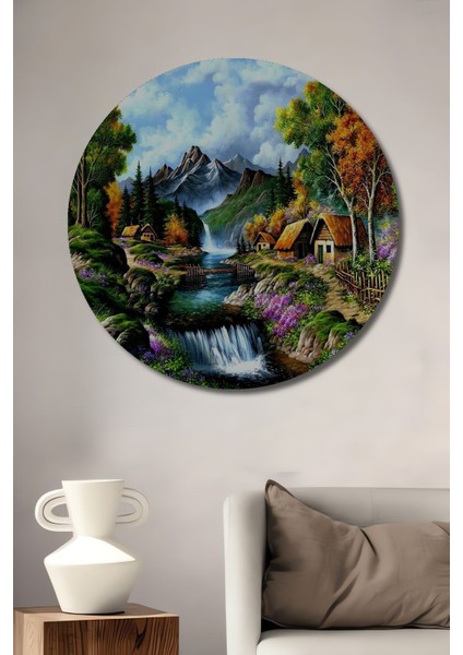 Dekoratif Doğa ve Şelale Manzaralı Ahşap Tablo Şık Yuvarlak Duvar Dekorasyon Tablosu