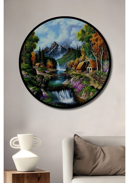 Dekoratif Doğa ve Şelale Manzaralı Ahşap Tablo Şık Yuvarlak Duvar Dekorasyon Tablosu fiyatları