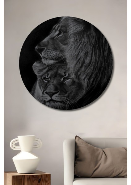Dekoratif Aslan Leopar Ahşap Tablo Şık Yuvarlak Duvar Dekorasyon Tablosu