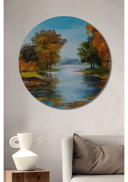 Ahşap Tablo Sonbahar Manzara Resmi Orman Manzarası 3 Boyutlu Şık Yuvarlak Duvar Dekorasyon Tablosu